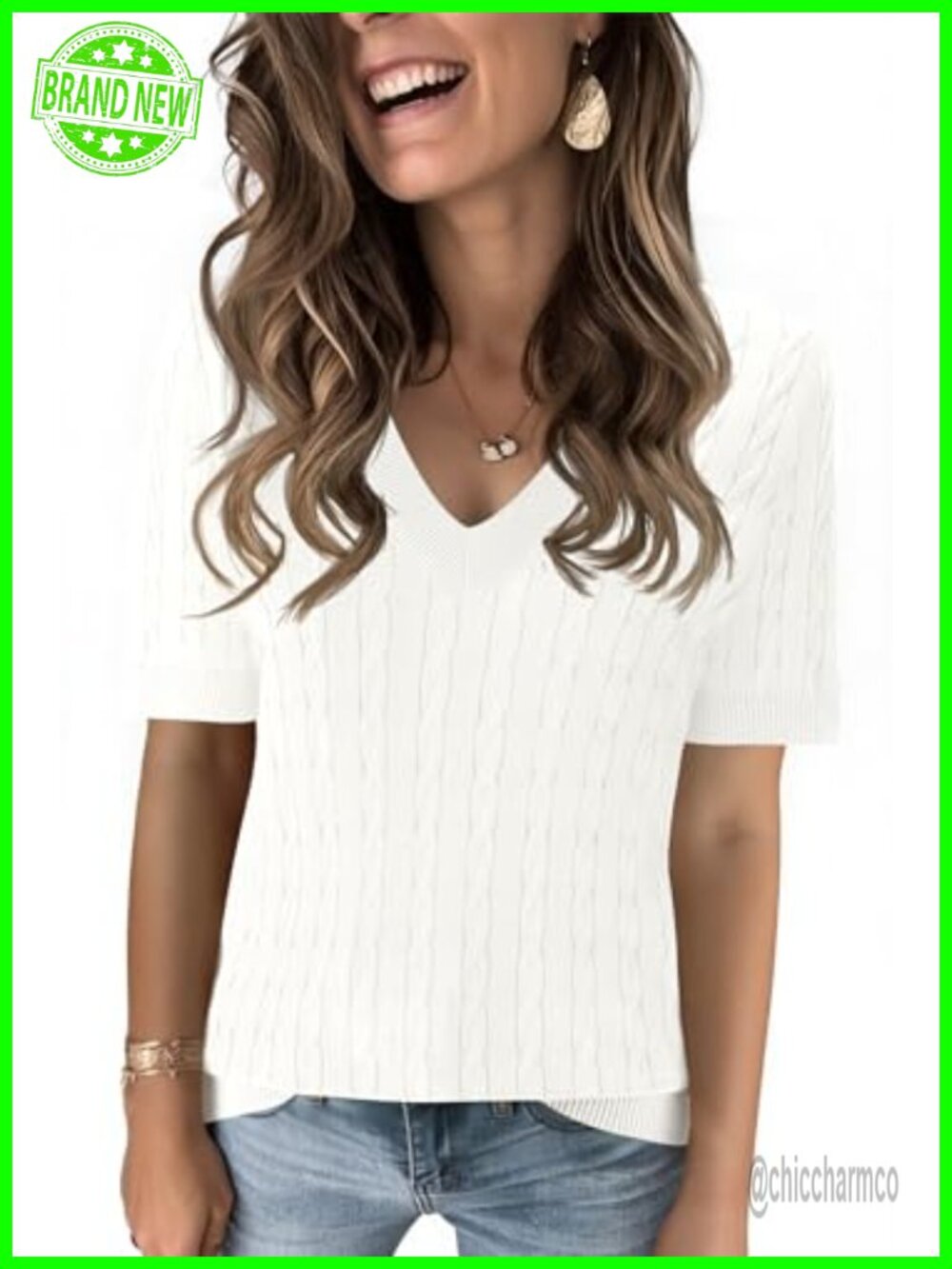 Lightweight V Neck Cable Knit Short Sleeve Pullover Sweater Top